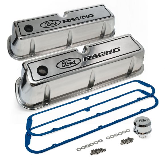 Tall Polished SBF Aluminum Valve Covers, Black 'Ford Racing' Logo