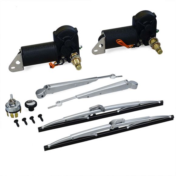 Dual Electric Windshield Wiper Kit with Silver Arms & Blades, 66-77 Ford Bronco