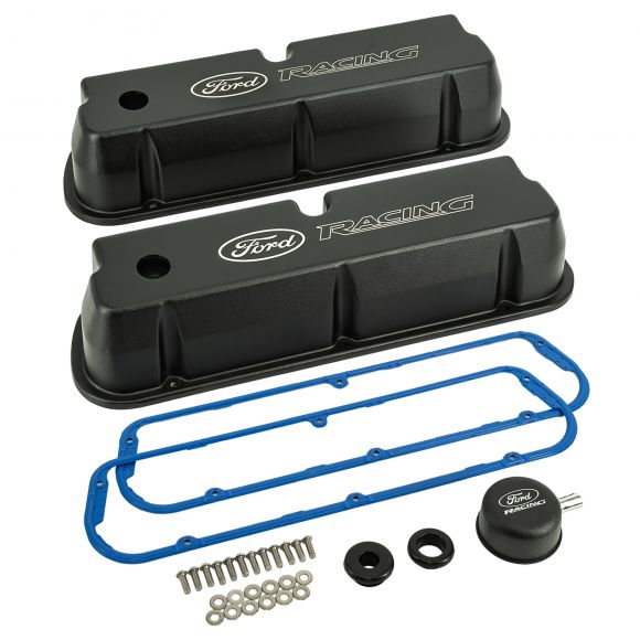 Valve Covers Tall Die Cast Aluminum Satin Black w/"Ford Racing" Logo