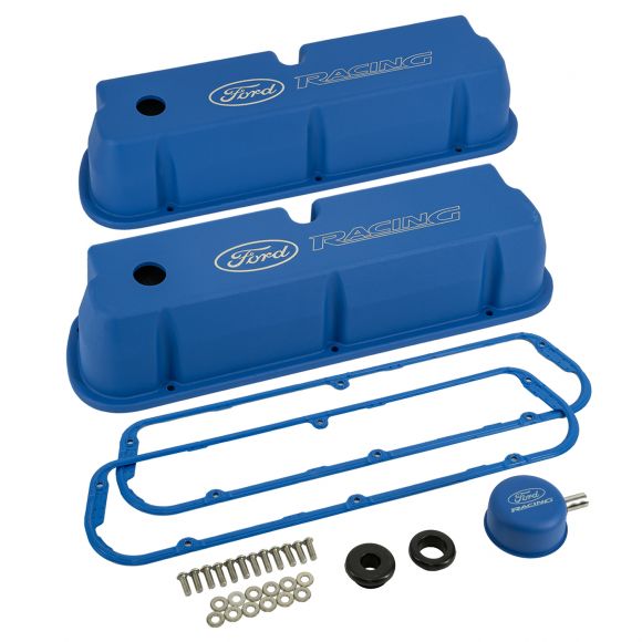 Valve Covers Tall Die Cast Aluminum Satin Blue - Ford Racing Logo