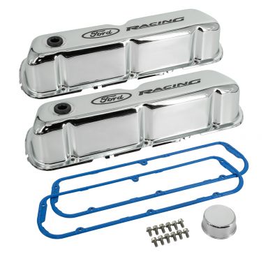 Chrome SBF Valve Covers with Black "Ford Racing" Logo